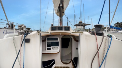 Photo of the Pegasus Racing J-E100 — Open companionway with all controls and halyards run aft to the cabin top